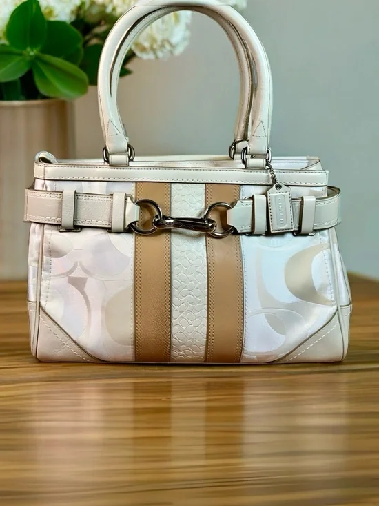 COACH Hamptons Signature Stripe Satchel – Khaki/Chalk (Pristine) - Picture 1 of 10